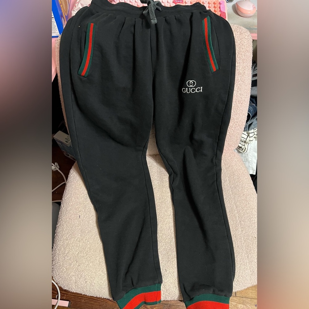 Gucci Black Joggers with Red and Green Accents